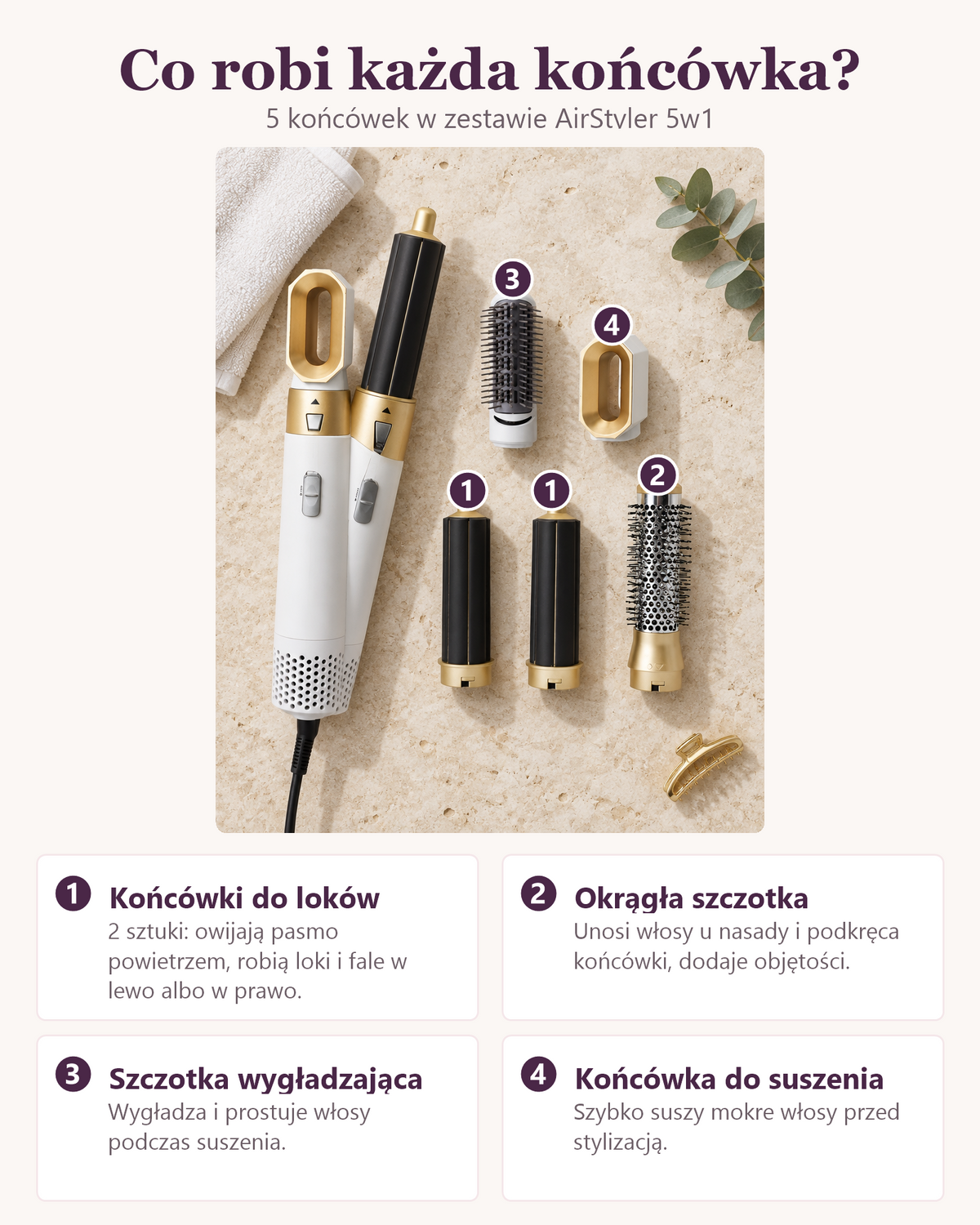 Co robi każda końcówka stylizatora AirStyler 5w1